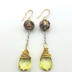 Gold and Green Cloisonne Dangle Earrings with Citrine Gemstone Drop